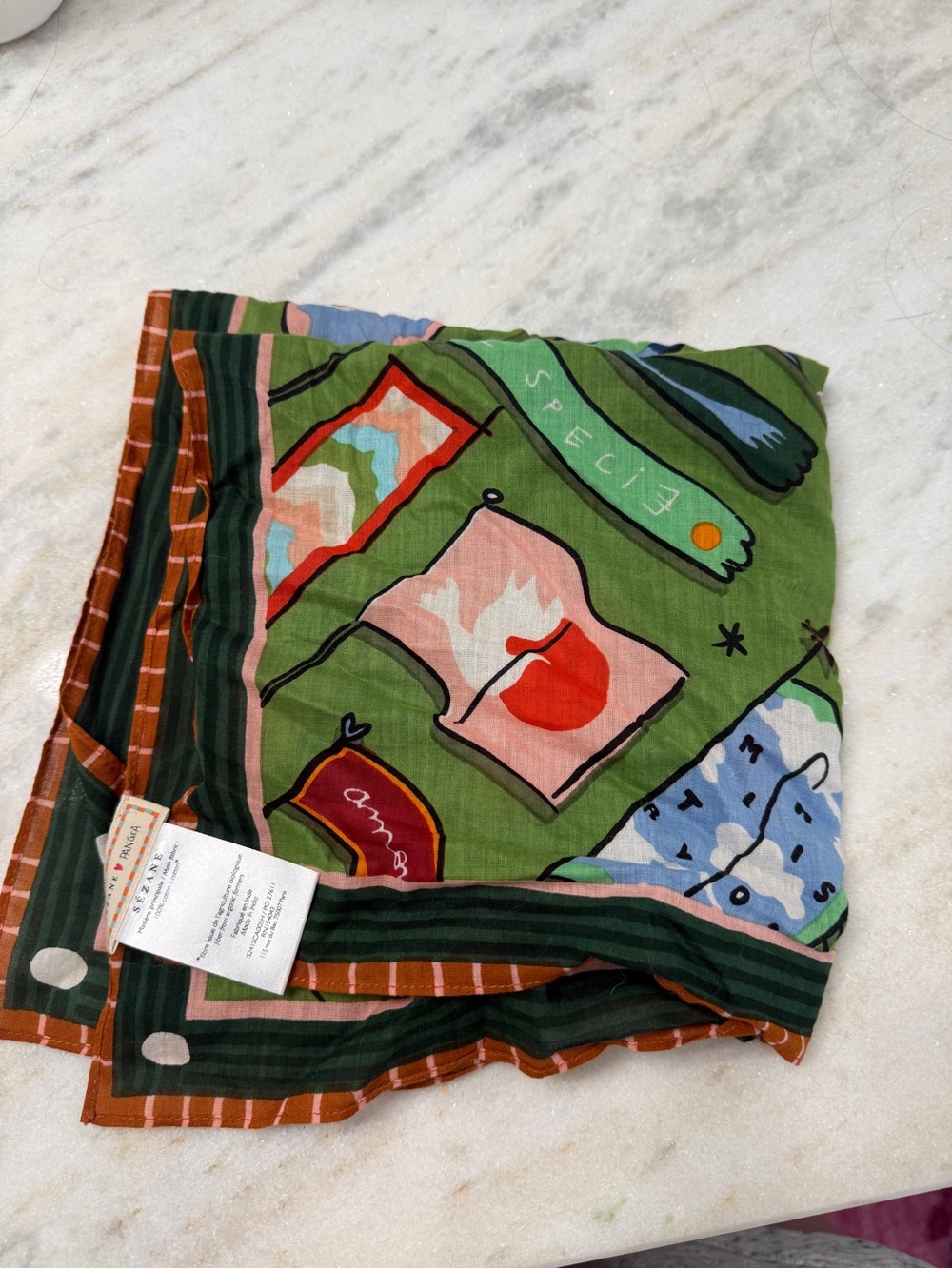 Sezane Gaston Scarf - Sézane X Pangea Green/ Flag Print - Size TU